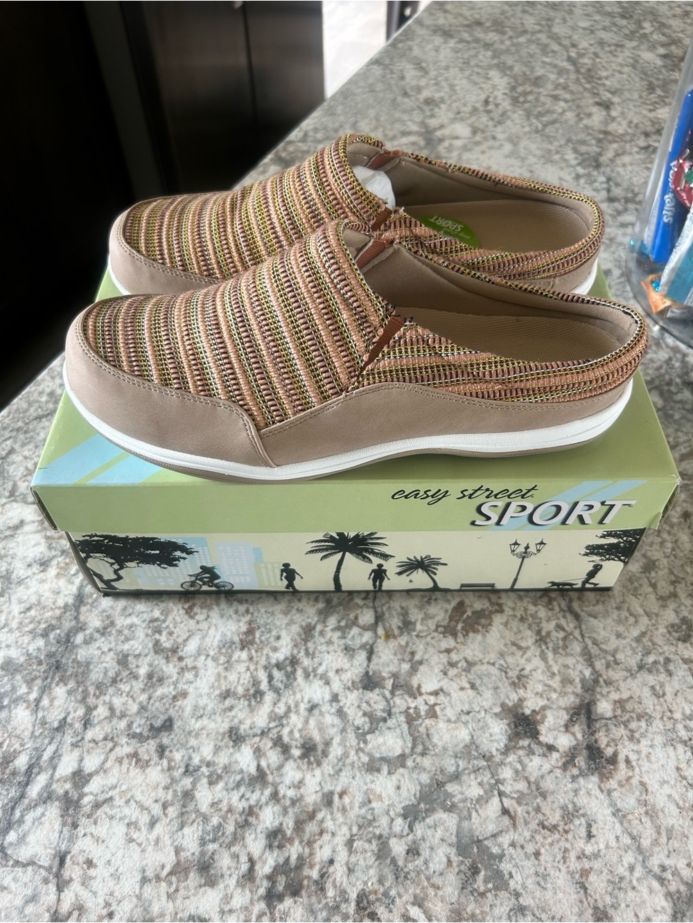 easy street Tan Multi-Stripe Slip-On Knit Sneakers